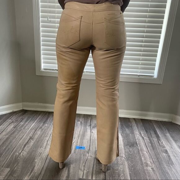 Harley Davidson Vintage Tan Leather Lace Up Pants - Picture 6 of 15